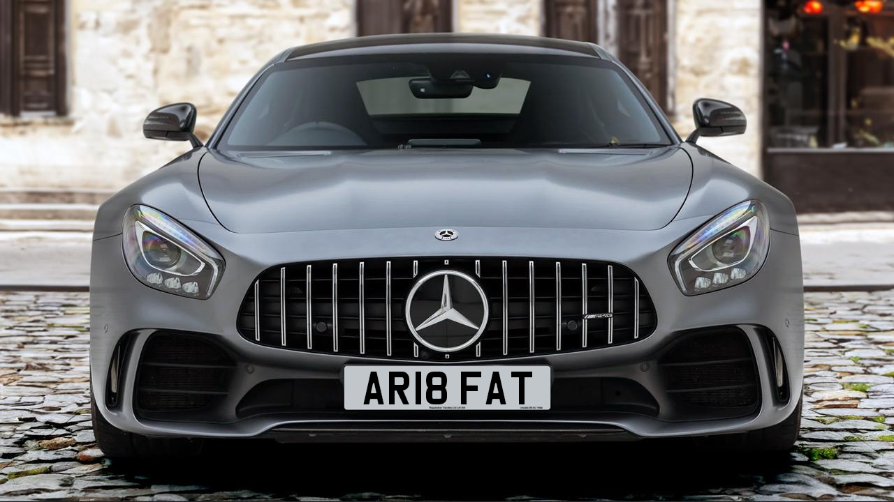 A Mercedes-Benz AMG GTR bearing the registration AR18 FAT